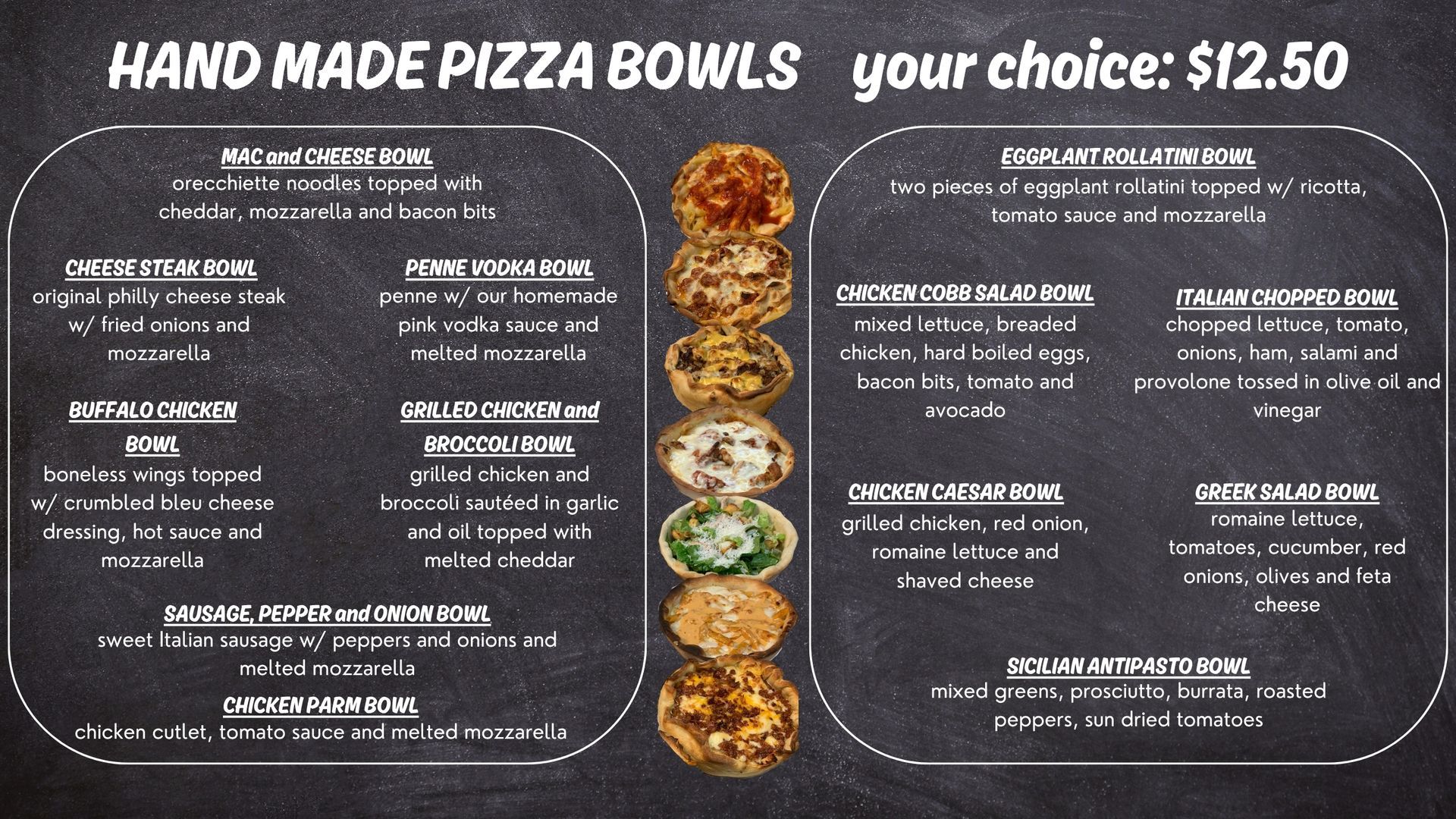 Handmade pizza bowls menu at Edison Pizza in Edison NJ