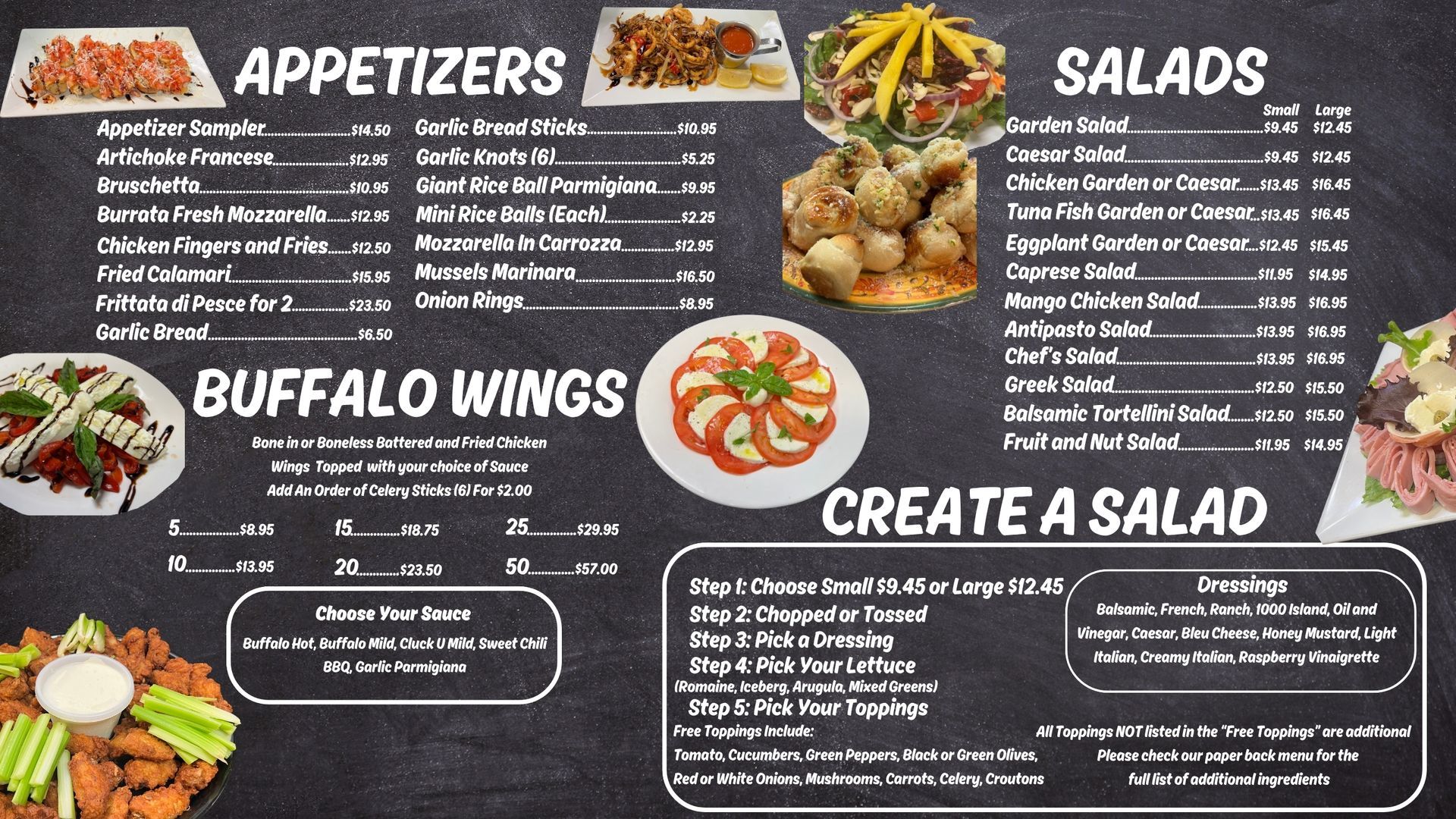 Appetizers, salads and wings menu at Edison Pizza in Edison NJ