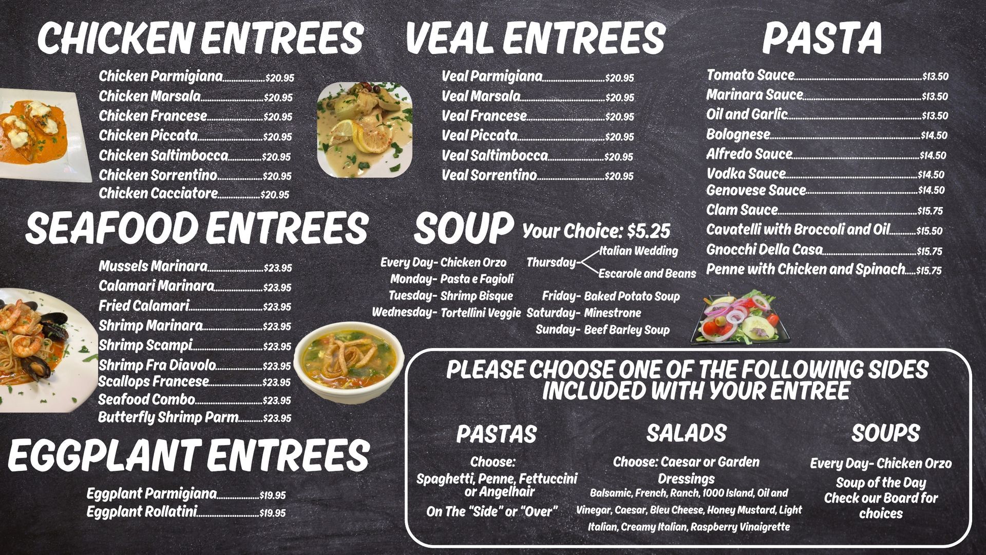 Pasta, chicken, veal and seafood menu at Edison Pizza in Edison NJ