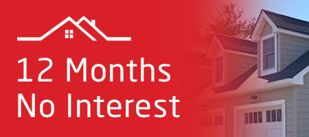 A red background with a house and the words 12 months no interest