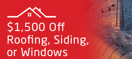 A red sign that says $ 1,500 off roofing , siding , or windows