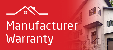 A red background with a house and the words manufacturer warranty