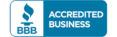 A blue and white badge that says accredited business on it.