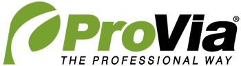 Logo of ProVia, featuring a green leaf-like design next to the name in green and black, tagline 