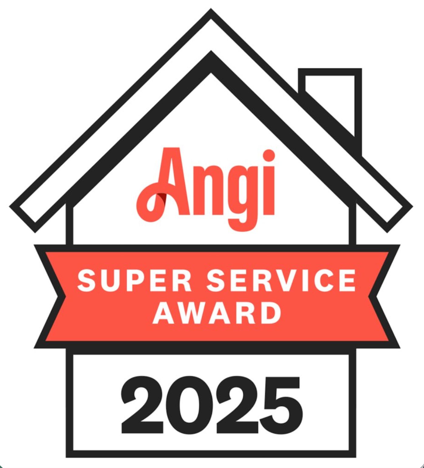 Angi Super Service Award badge, 2025. Red and white logo in a house shape.