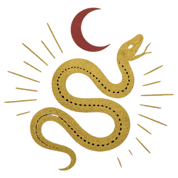 Serpente dourada enrolada com raios de sol, lua crescente vermelha acima.