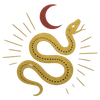 Serpente dourada enrolada com raios de sol, lua crescente vermelha acima.
