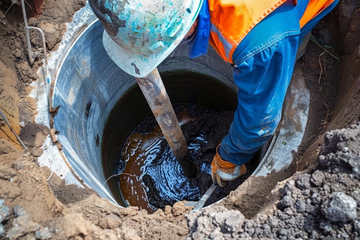 Worker inspecting a manhole with a tool, wearing safety gear. Dark liquid inside.