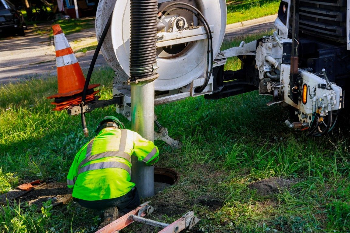 Worker in neon green vest near a truck, working at an underground utility access point in grass.