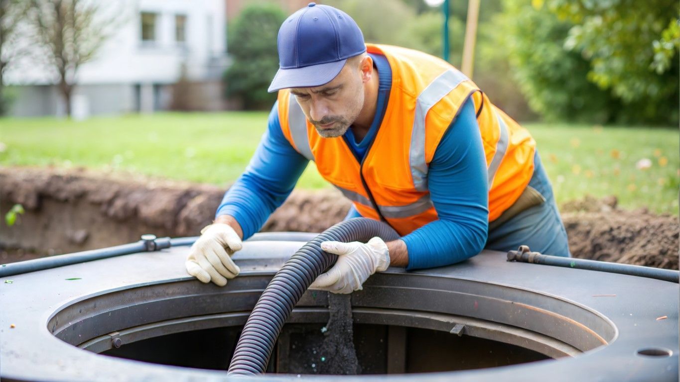 Man in safety vest and gloves, inspecting a septic tank opening with a hose. Outdoors, green grass.