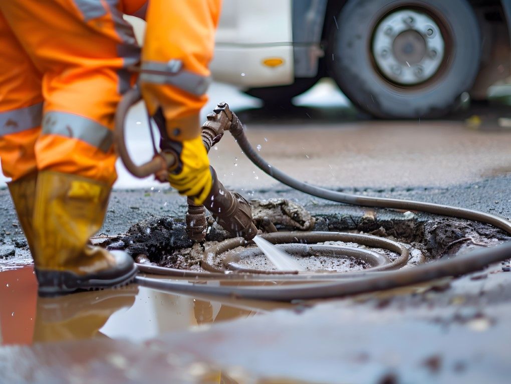 Worker in orange gear uses a hose to work on a hole in the road near a bus.