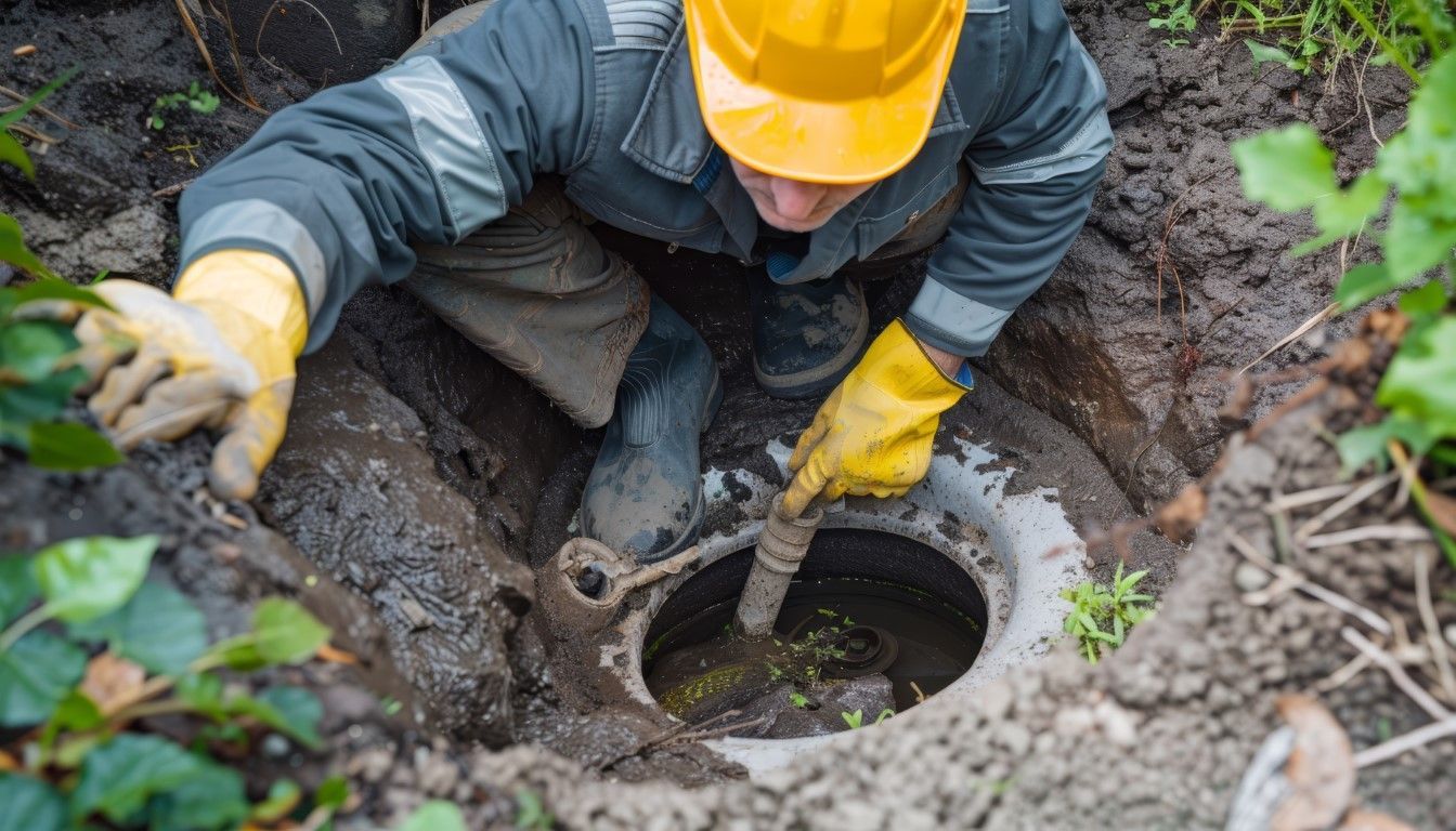 Worker in yellow hard hat and gloves inspects a sewer manhole in a muddy outdoor setting.