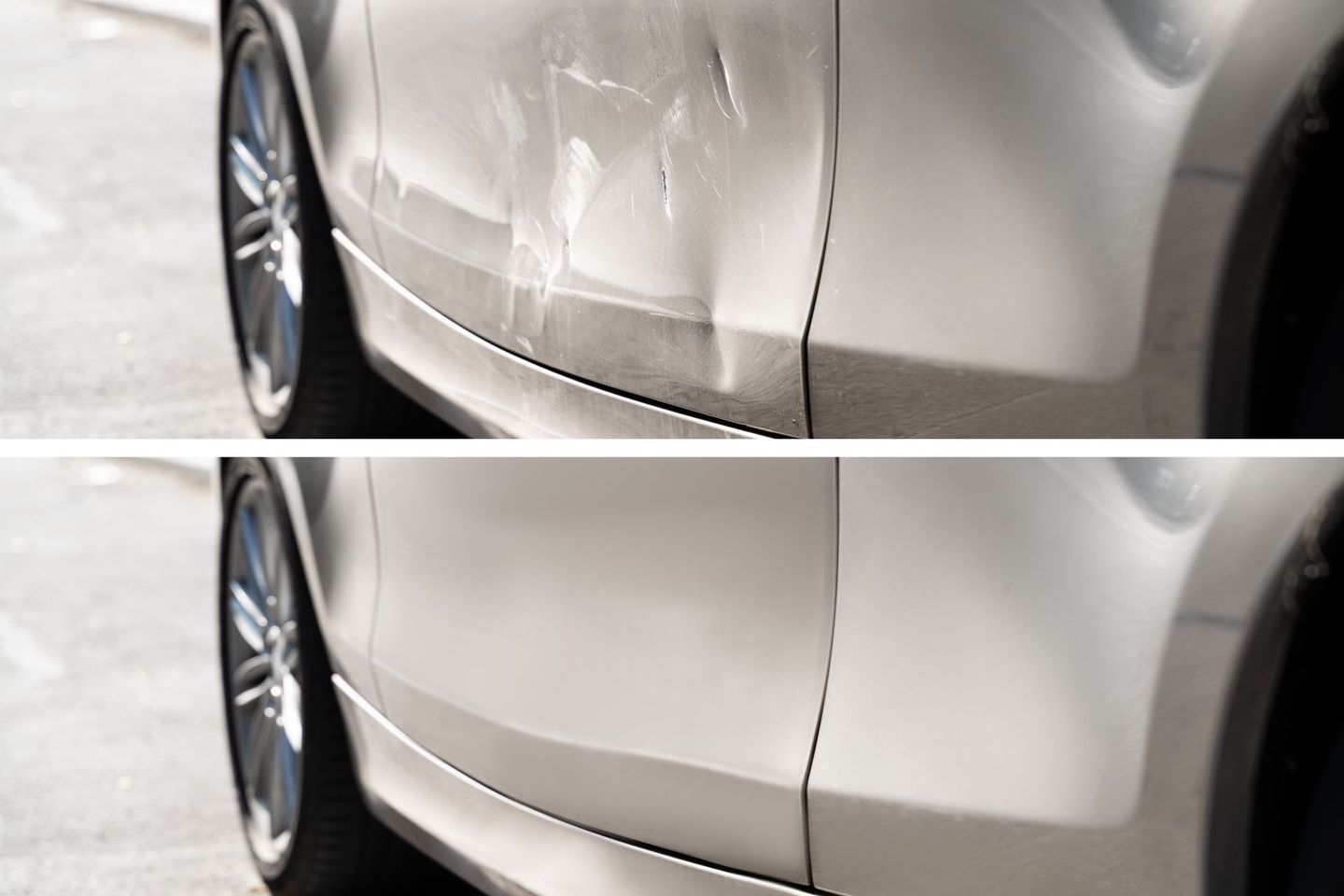 A before and after picture of a car with a dent on the side.