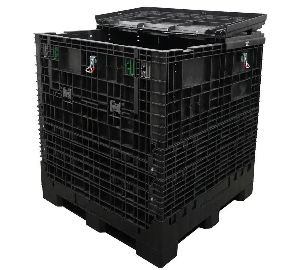 Custom bulk container with attached hinged lid with locking latches