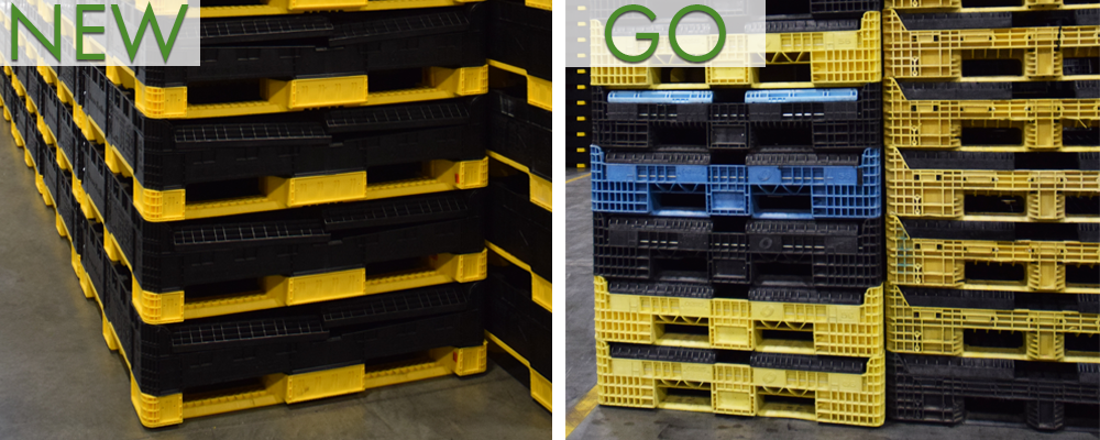 A stack of yellow and black plastic pallets next to a stack of black plastic pallets