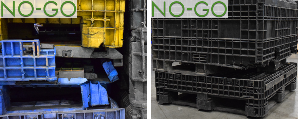 Two pictures of plastic crates stacked on top of each other.