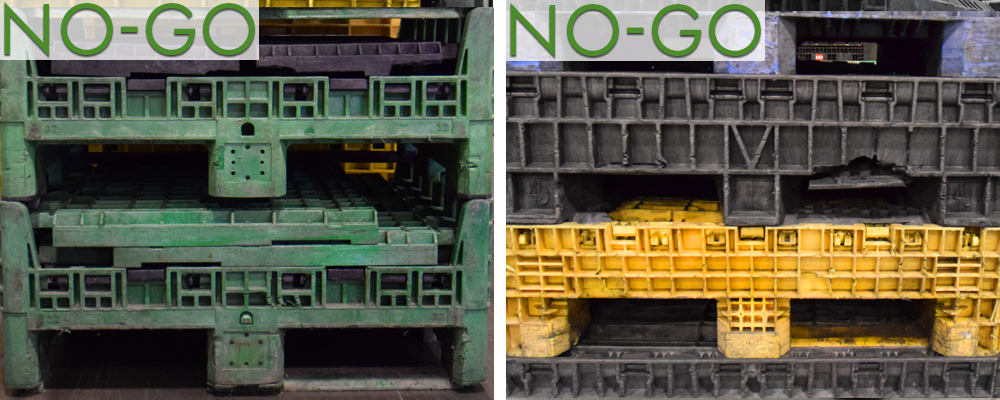 A green and a yellow plastic crate are stacked on top of each other.