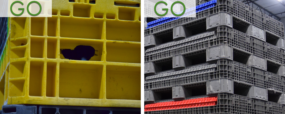 A yellow plastic crate with a hole in it is next to a stack of plastic crates.