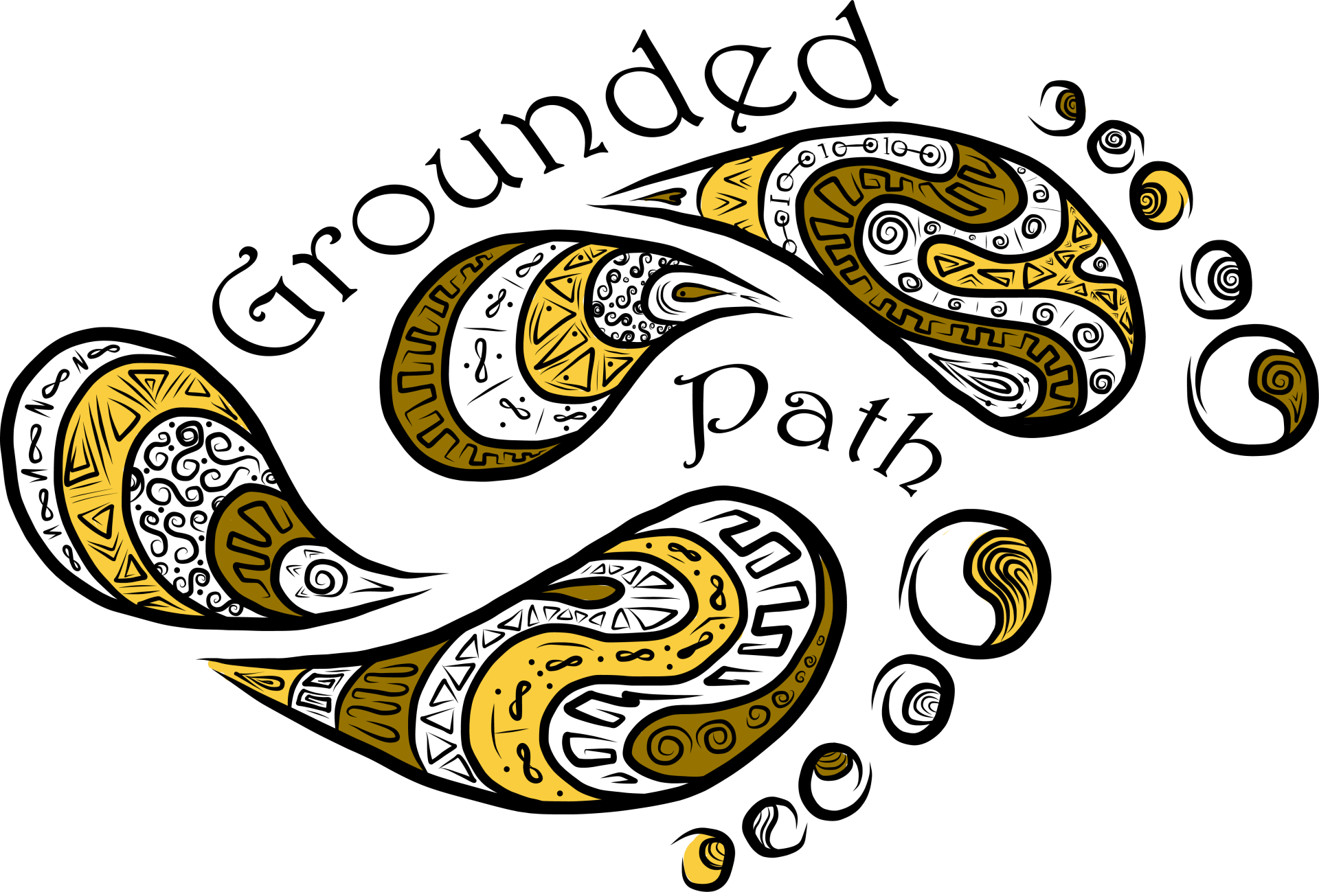 A drawing of a paisley pattern with the words grounded path written around it.