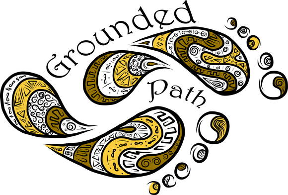 A drawing of a paisley pattern with the words grounded path written around it.