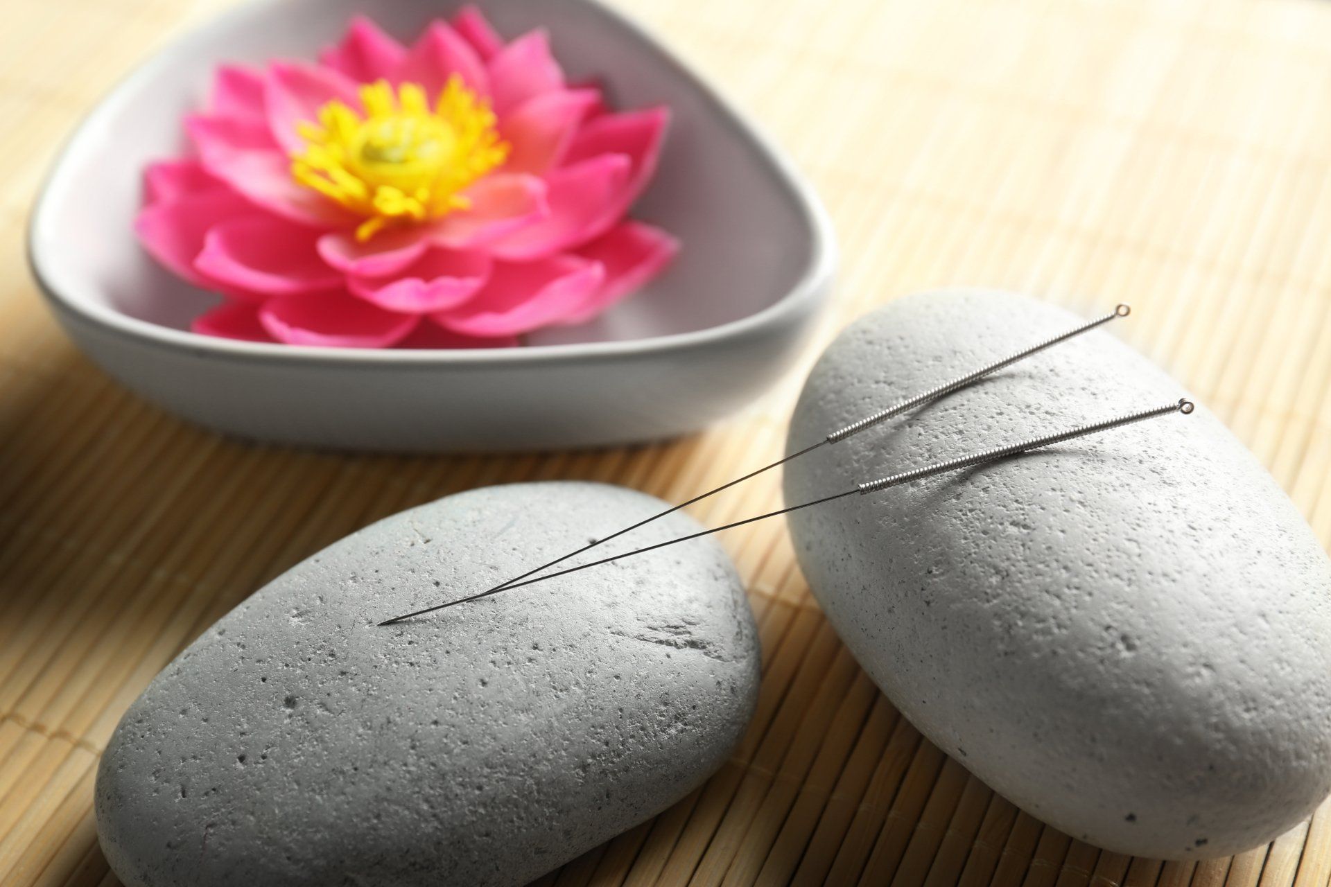 Acupuncture needles on a rock next to a bowl with a pink flower