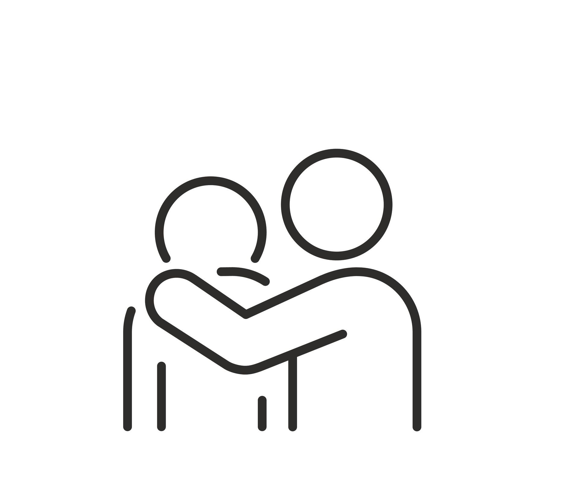 A line drawing of two people hugging each other.