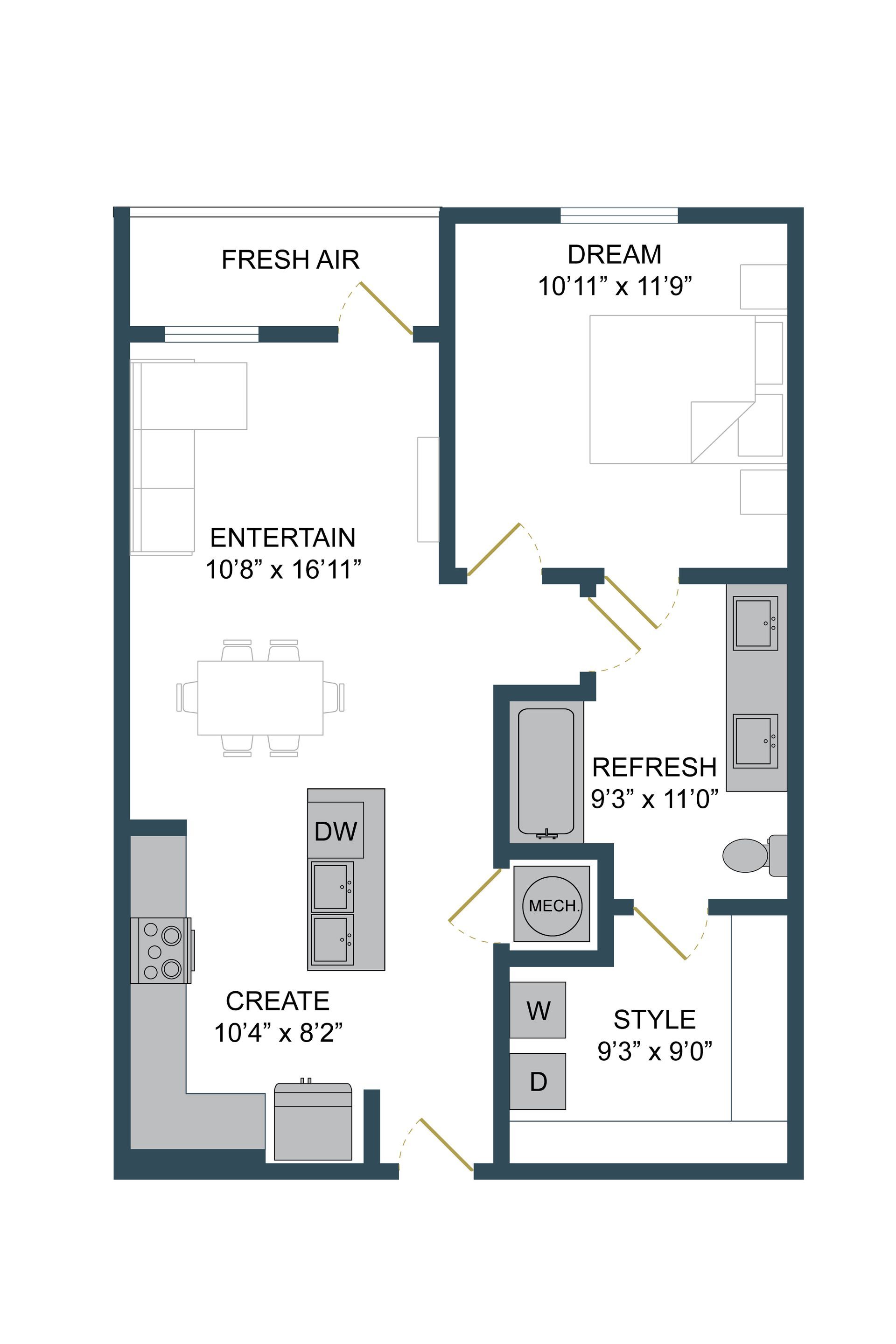 Floor plan of an apartment with labeled rooms: Dream, Refresh, Entertain, Style, and Dine.