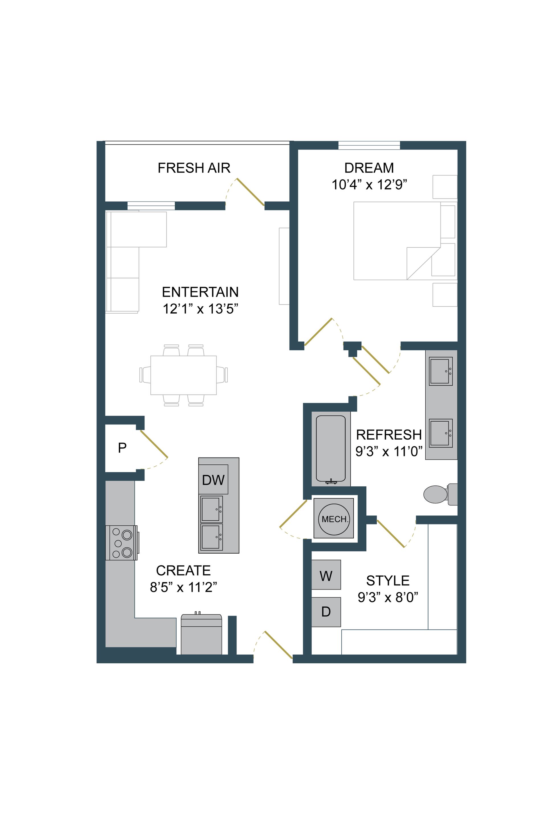 Floor plan of a residence: kitchen, living/dining, bedroom, bathroom, closet, and storage areas labeled.