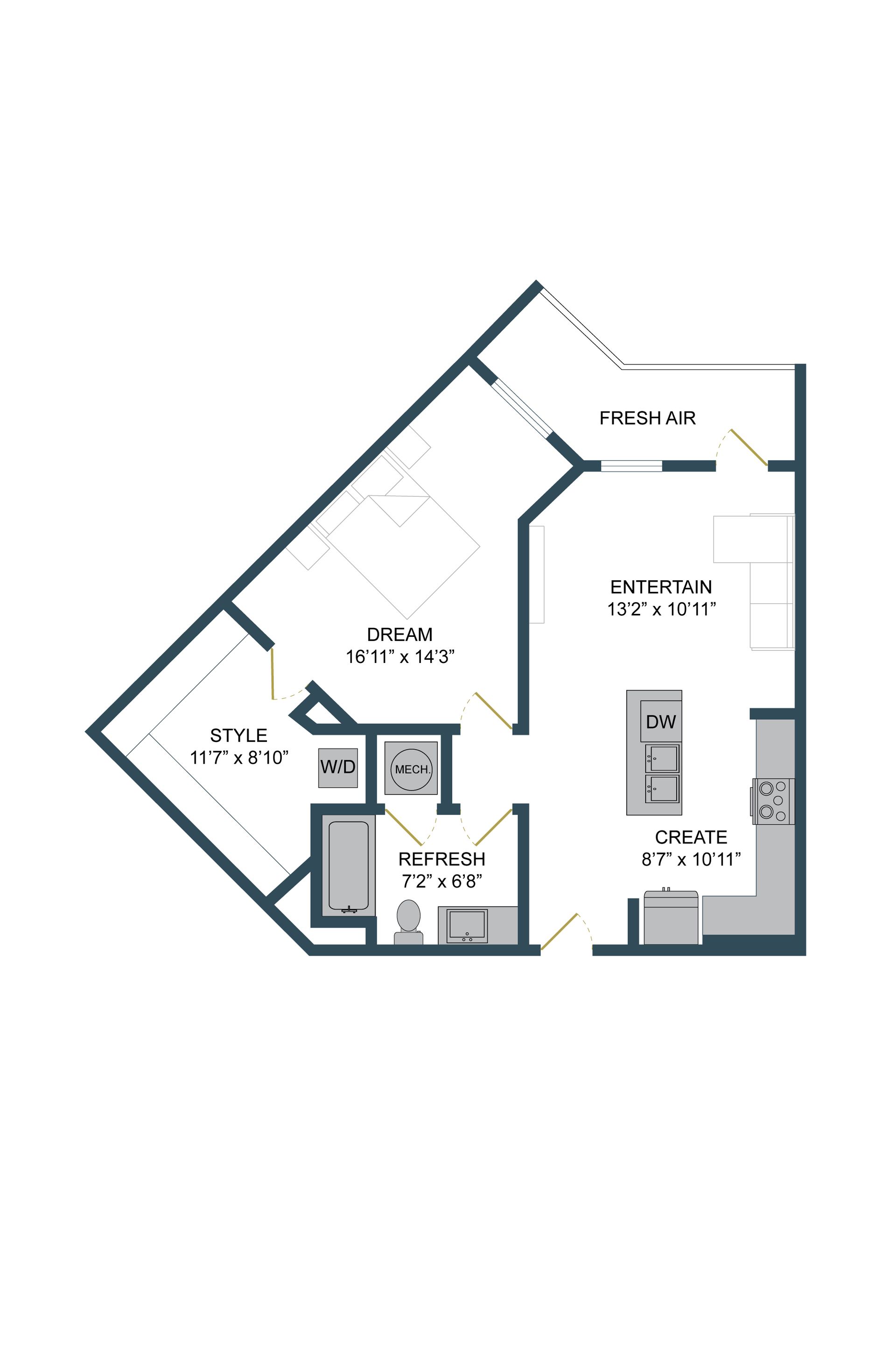Floor plan of a studio apartment, featuring a bedroom, kitchen, bathroom, and closet.