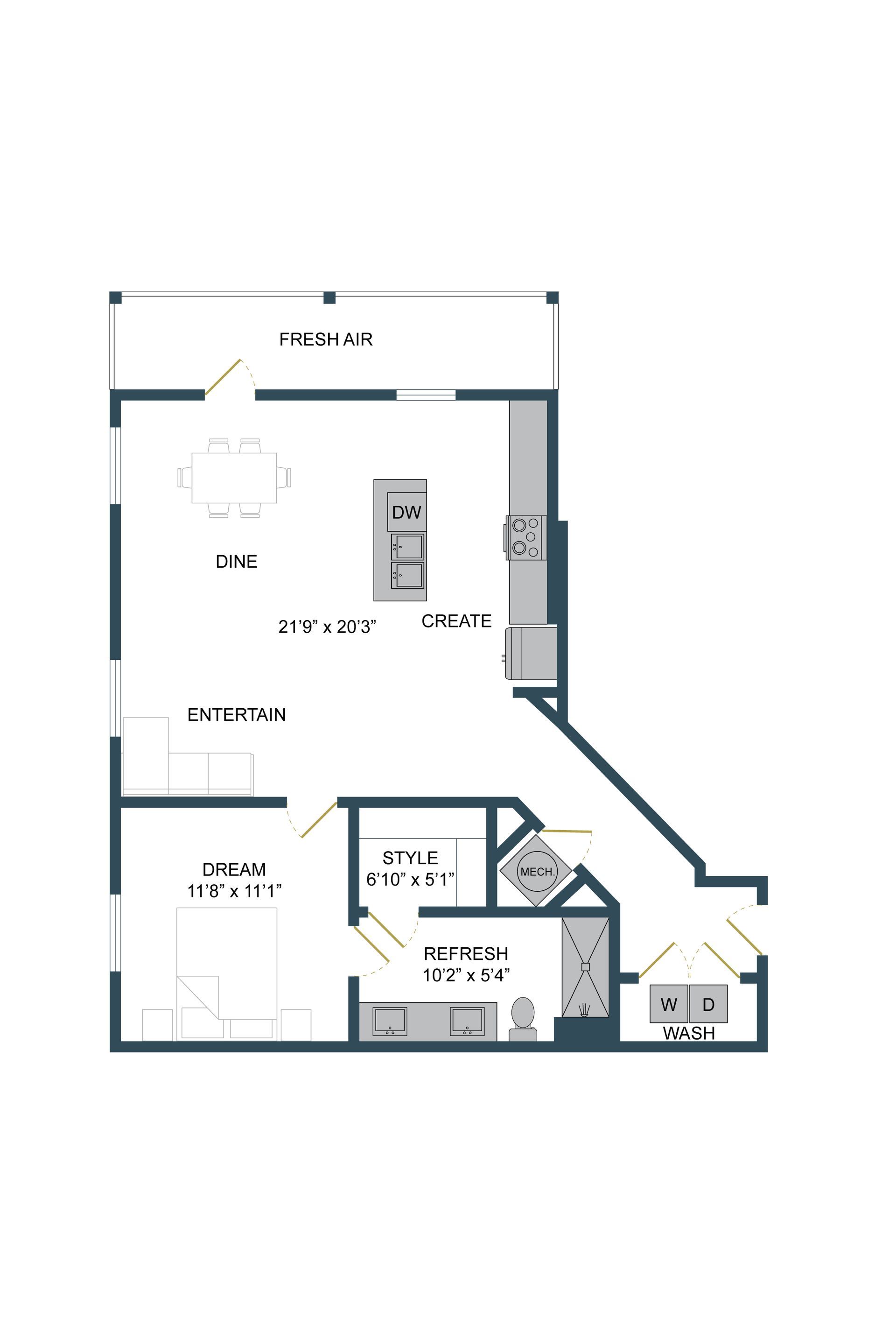 Floor plan of a residence: kitchen, living area, bedroom, bathroom, and entry. Blue walls, light interior.