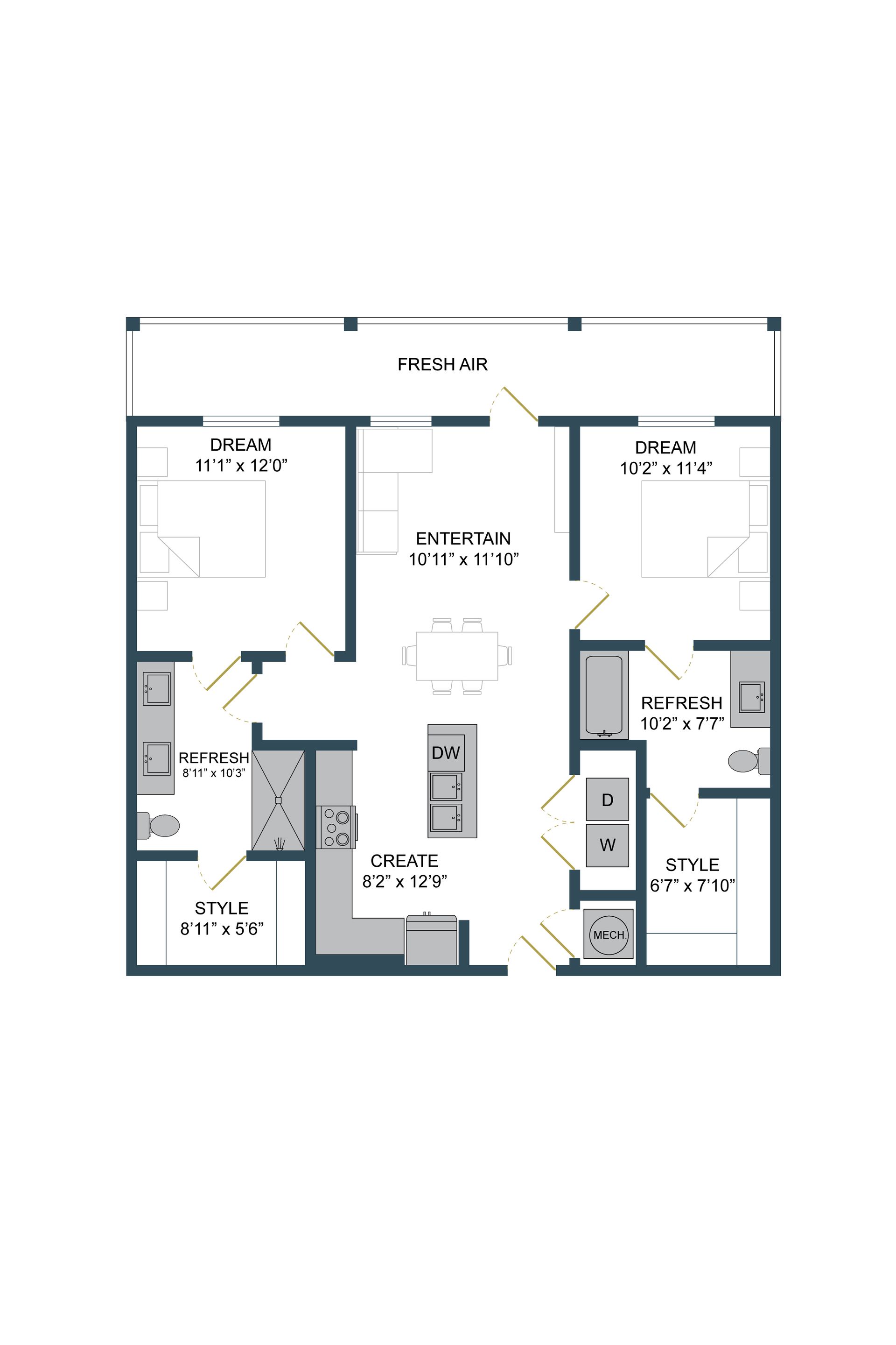Floor plan of a two-bedroom apartment. Includes kitchen, living room, bathrooms, and closets.