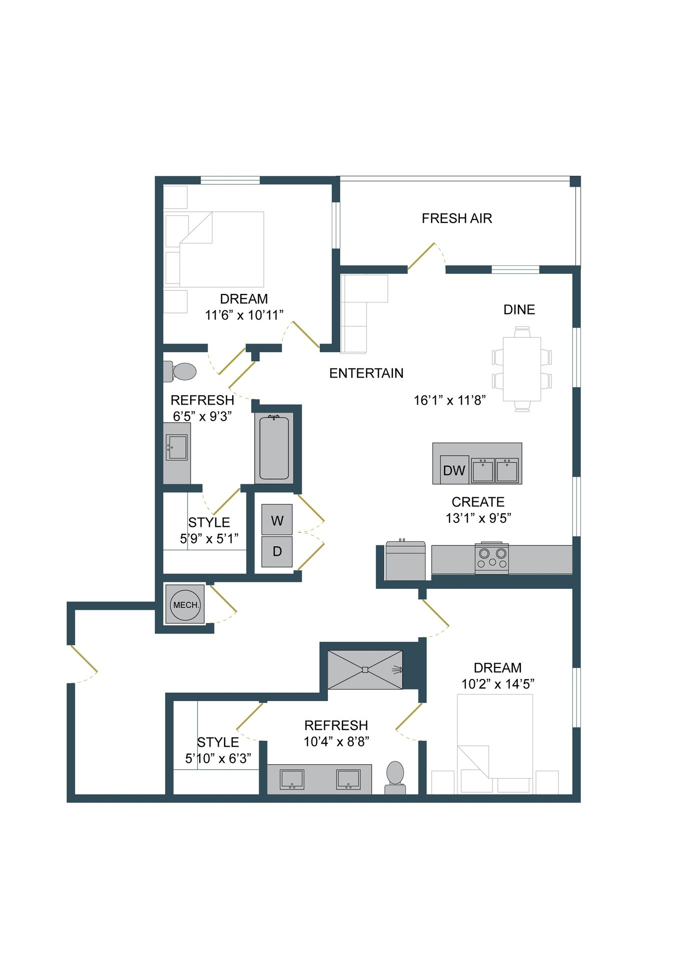 Floor plan of a house, detailing the layout of rooms, including kitchen, dining area, and bedrooms.