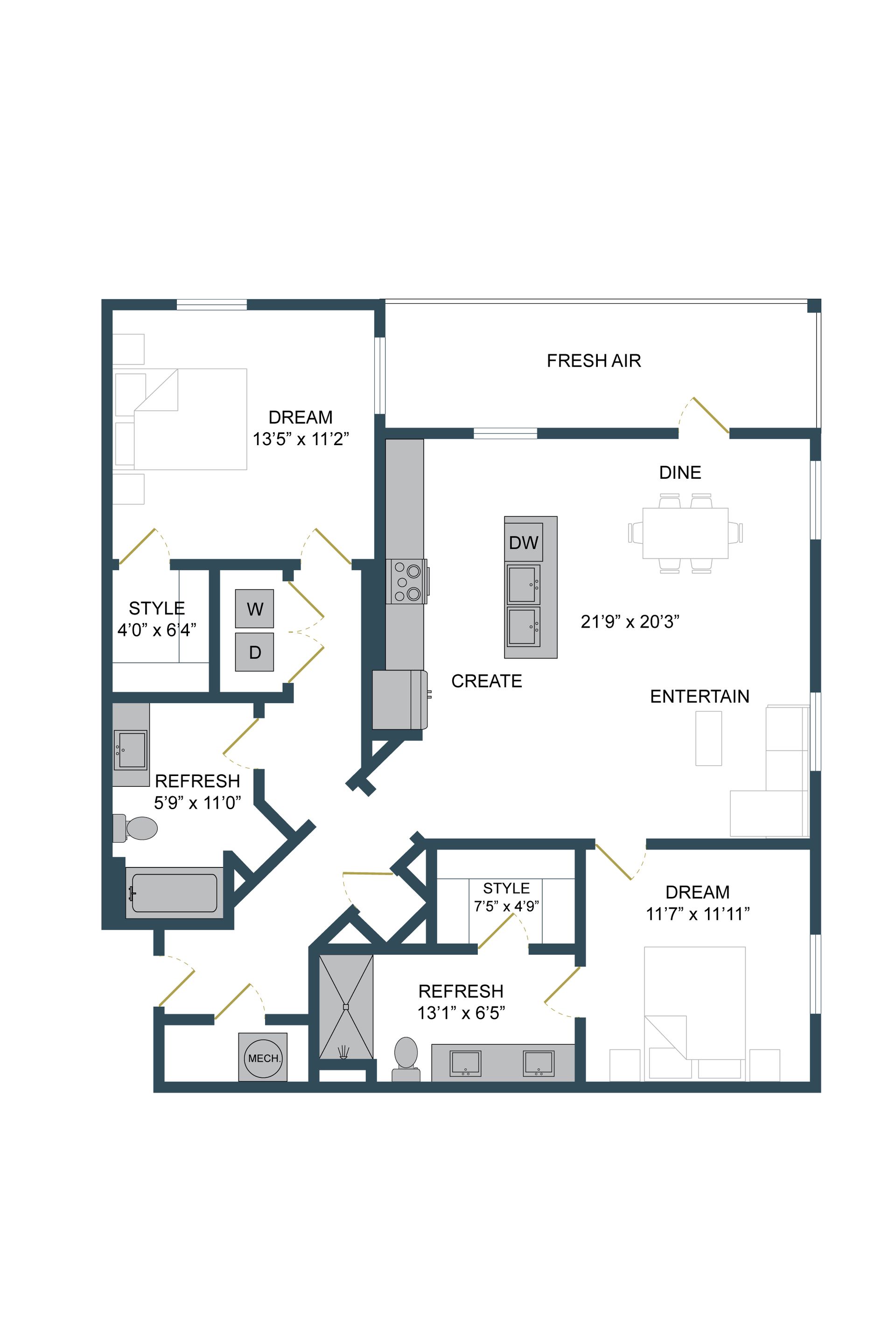 Floor plan of a residence, featuring a kitchen, living room, bedrooms, bathrooms, and laundry area.