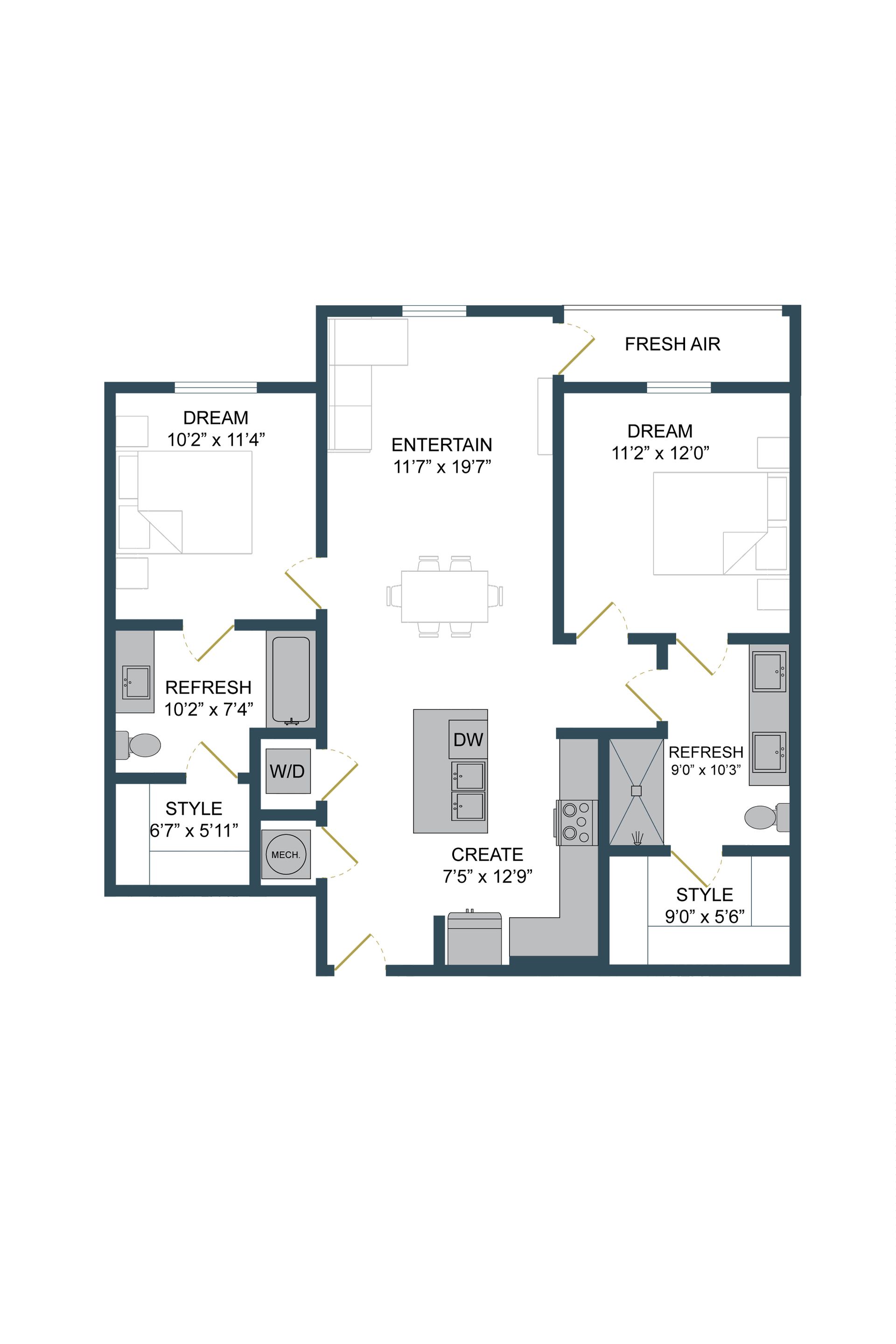 Floor plan of a residence with a kitchen, dining area, two bedrooms, and bathrooms.