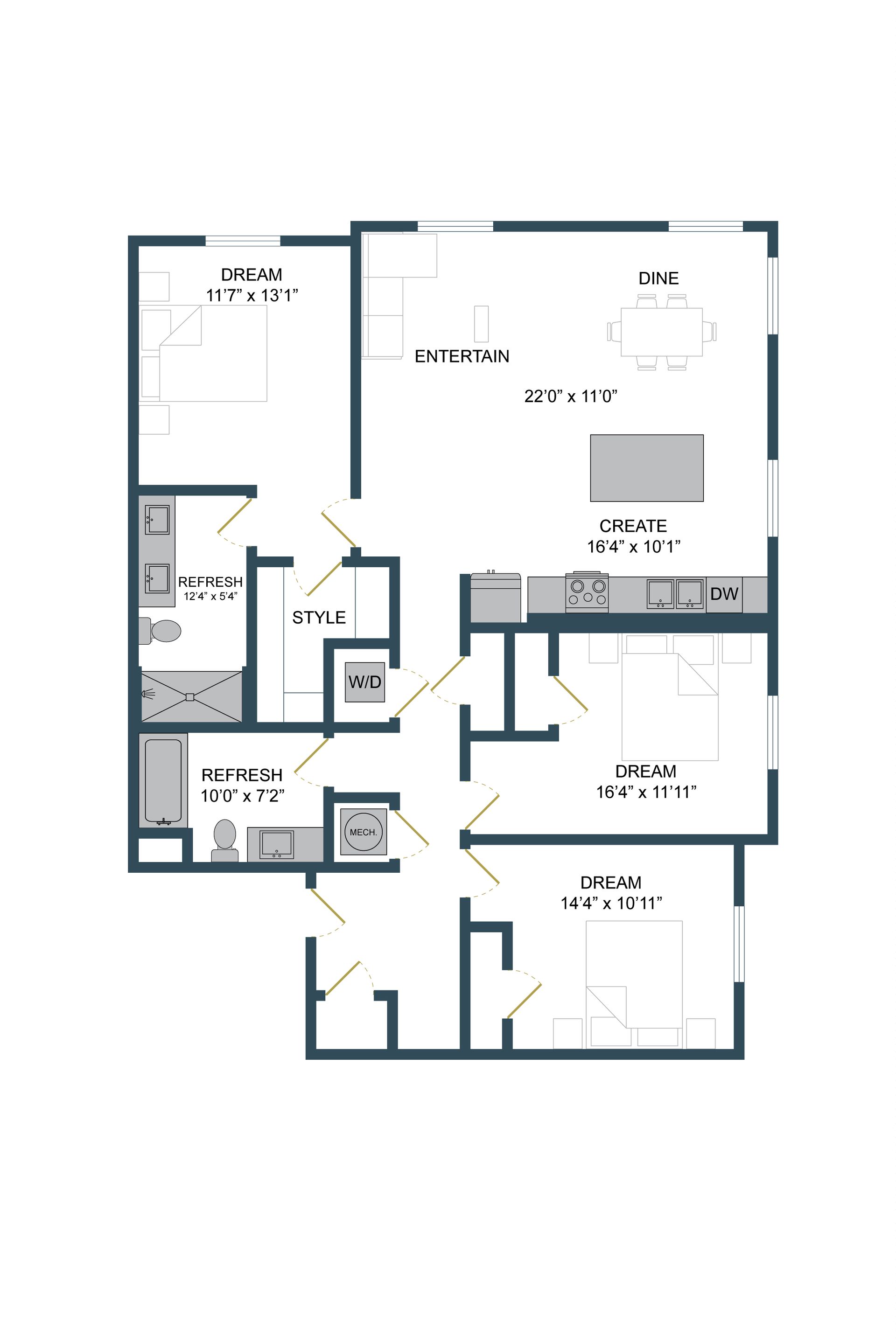 Floor plan of a home: two bedrooms, kitchen, living/dining area, and two bathrooms. Dark blue lines on white background.