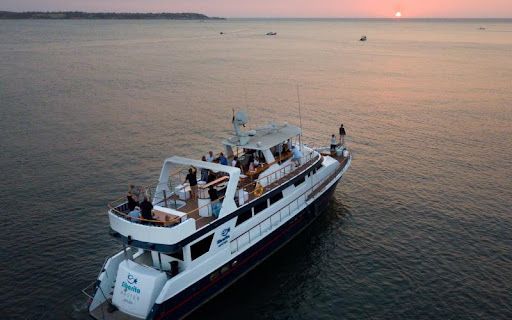 Un gran yate blanco en el agua con gente a bordo, la puesta de sol de fondo.  | Mevak Agency