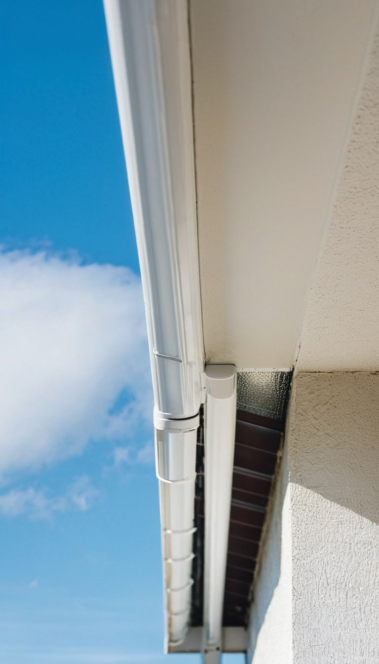 A white gutter on the side of a building with a blue sky in the background.