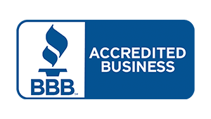 BBB logo: Blue rectangle with a flame symbol and text "ACCREDITED BUSINESS".
