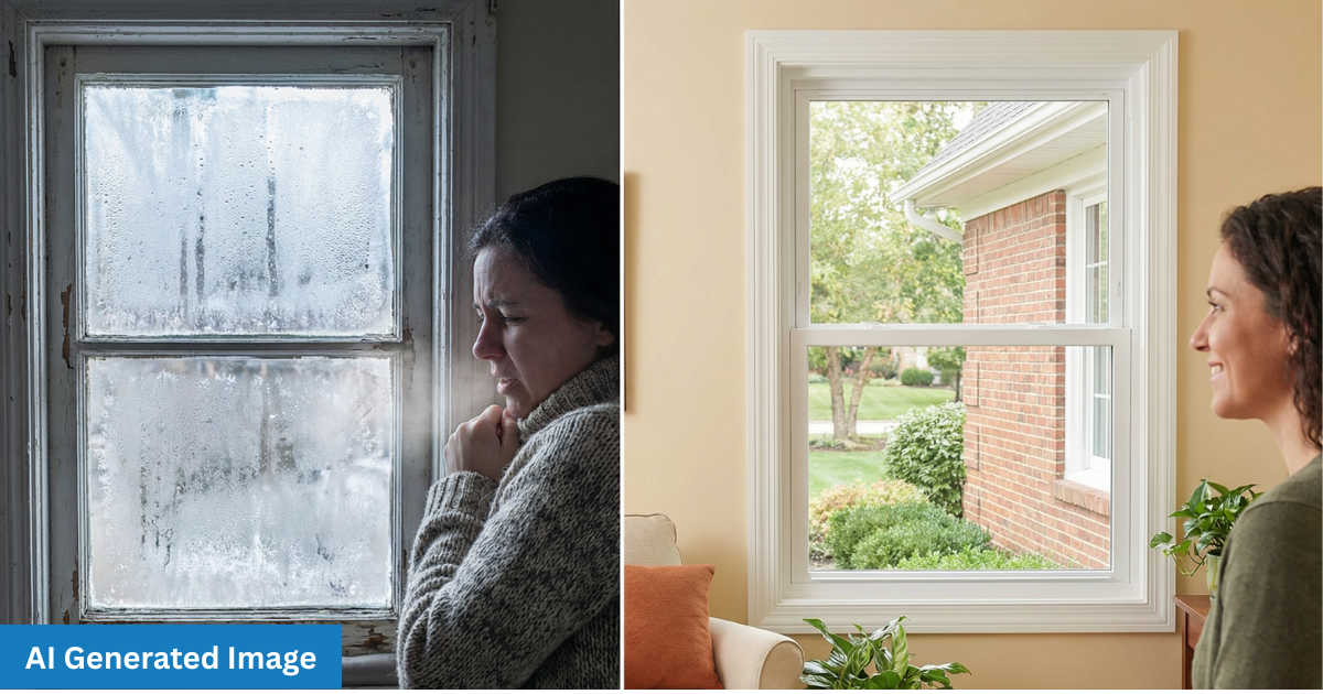 Left: Woman looks at a foggy window. Right: Woman looks at a clear window with a yard in the background.