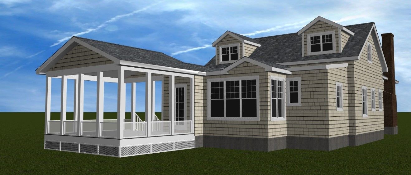 A house with a porch and a chimney against a blue sky.