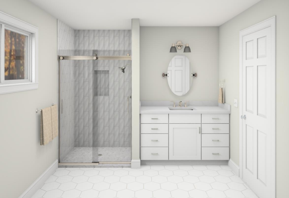 Bathroom with white vanity, shower, and window. Hexagon tile floor, neutral walls.