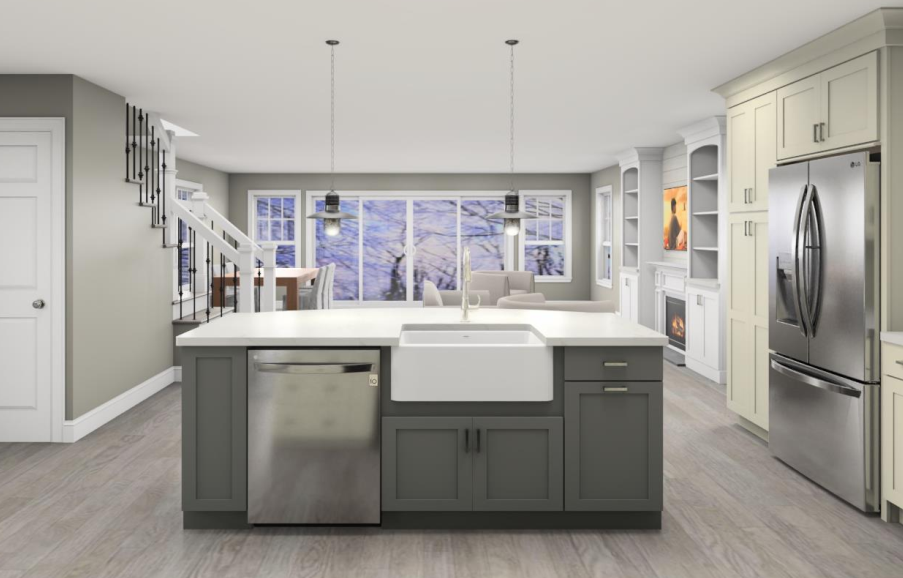 Modern kitchen with gray island, stainless steel appliances, and large window.