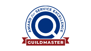 Guildmaster Award logo: blue circle with "Award for Service Excellence" text and a large "Q", red banner reading "Guildmaster".
