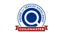 Guildmaster Award logo: blue circle with "Award for Service Excellence" text and a large "Q", red banner reading "Guildmaster".