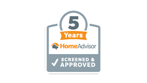 HomeAdvisor badge: 5 Years, screened & approved, orange banner, logo, gray and white.