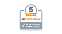 HomeAdvisor badge: 5 Years, screened & approved, orange banner, logo, gray and white.