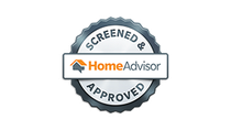 HomeAdvisor "Screened & Approved" seal in silver, white, and orange.