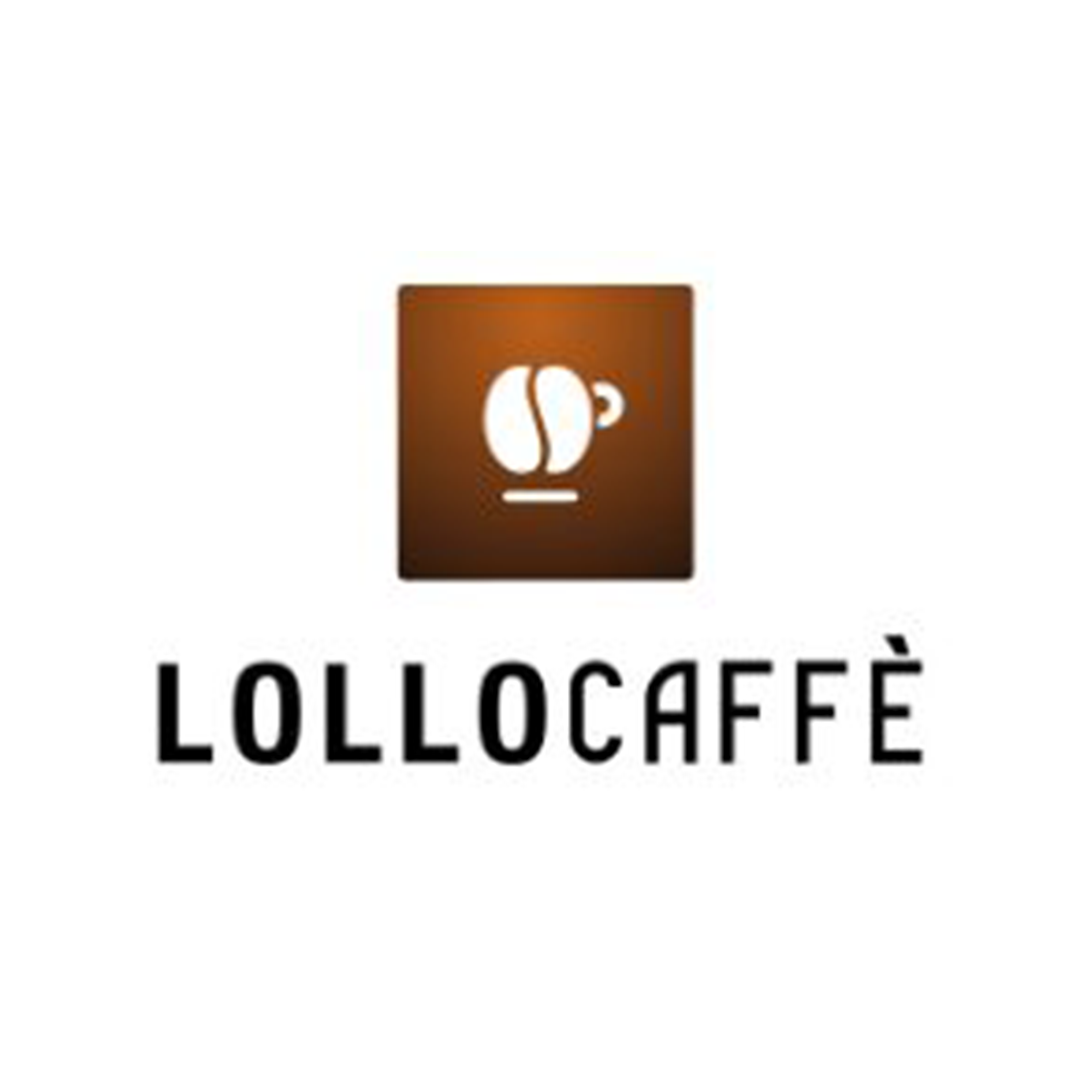 Logo di Lollo Caffè. Un'icona con un chicco di caffè e una tazzina in un quadrato marrone sopra il nome del marchio.