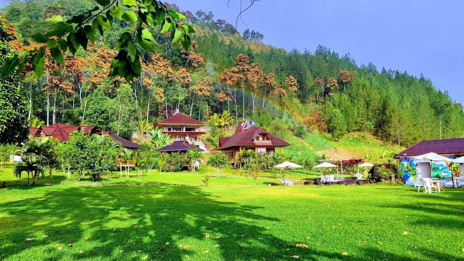 Exuberante paisaje verde con edificios enclavados cerca de una ladera cubierta de árboles; día soleado.