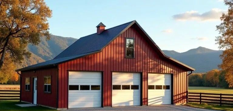 Red barn with three white garage doors, nestled among trees and rolling mountains.